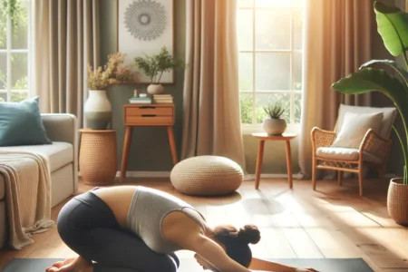 Una persona practicando yoga en una pose amigable para principiantes, como la Postura del Niño, en un ambiente interior sereno.