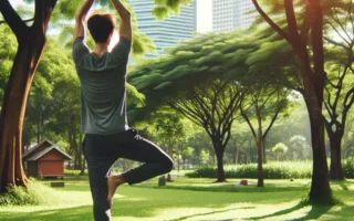 Una persona practicando yoga al aire libre en un parque, realizando la Postura del Árbol, con un fondo de vegetación y luz solar.