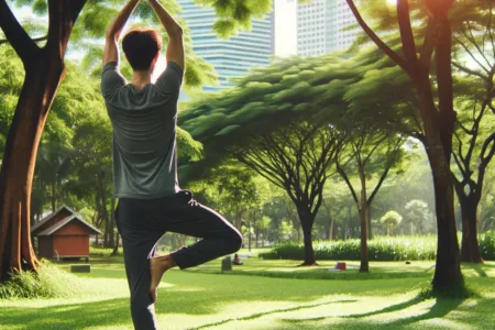 Una persona practicando yoga al aire libre en un parque, realizando la Postura del Árbol, con un fondo de vegetación y luz solar.