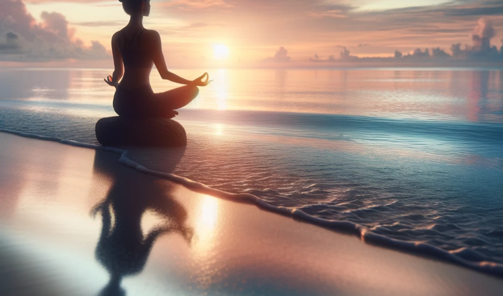 A-serene-yoga-pose-on-a-beach-at-sunrise-reflecting-tranquility-and-connection-with-nature.-The-scene-depicts-a-solitary-yogi-in-a-meditative-posture