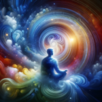 A serene image of a person in deep contemplation, surrounded by a swirl of colorful abstract shapes representing the power of visualization and creati