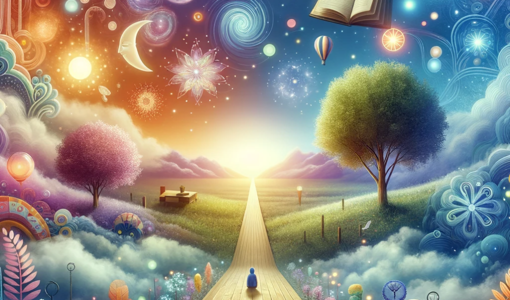 An-image-depicting-a-peaceful-setting-with-elements-symbolizing-the-journey-of-visualization_-a-clear-path-leading-through-a-vibrant-imaginative-land