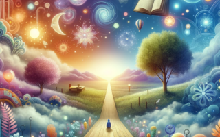 An-image-depicting-a-peaceful-setting-with-elements-symbolizing-the-journey-of-visualization_-a-clear-path-leading-through-a-vibrant-imaginative-land