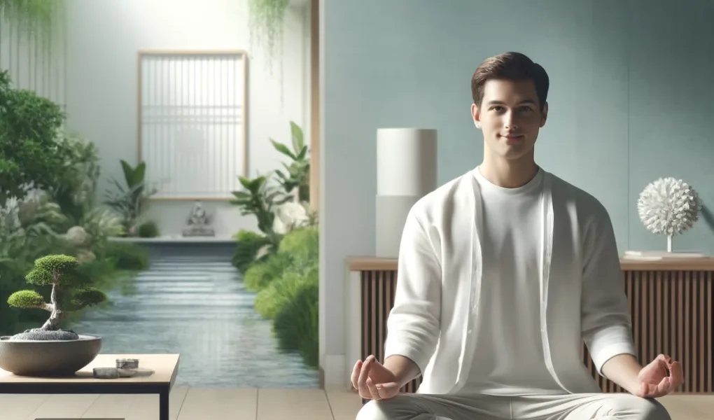 una persona en una postura de meditación (como la posición de loto) en un entorno tranquilo, como un jardín zen o una habitación minimalista. La persona debe parecer relajada y enfocada, con una leve sonrisa, rodeada de elementos naturales como plantas o una fuente de agua, para enfatizar la conexión con la serenidad y el enfoque.