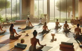 Clase de yoga serena en una sala iluminada por el sol, con principiantes practicando diversas posturas de yoga como Hatha y Vinyasa. La sala tiene pisos de madera, grandes ventanas con vista a la naturaleza y esteras de yoga colocadas ordenadamente.