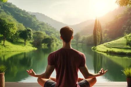 Persona practicando yoga en una postura de meditación al aire libre