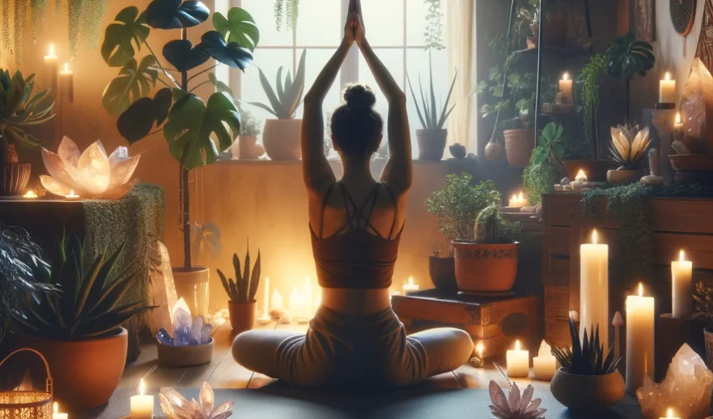 Persona practicando yoga en un entorno interior tranquilo, rodeada de iluminación suave, velas y elementos calmantes