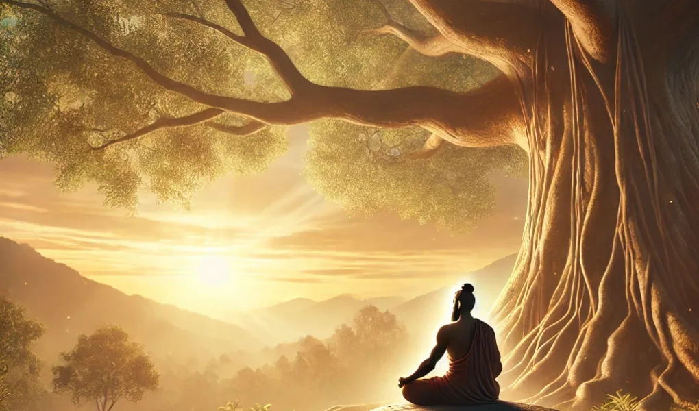 Yogi antiguo meditando bajo un árbol ancestral al amanecer, representando la conexión espiritual y la paz interior del yoga.