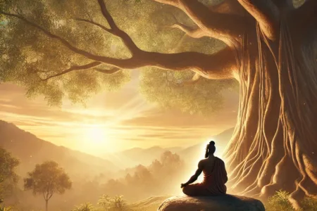 Yogi antiguo meditando bajo un árbol ancestral al amanecer, representando la conexión espiritual y la paz interior del yoga.