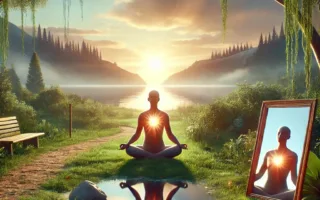 Una imagen de una persona meditando en un entorno natural sereno, como un bosque o junto a un lago, al amanecer