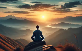 A serene scene of a person sitting in meditation on a hilltop at sunrise