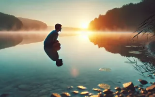 A serene scene of a person looking at their reflection in a calm, clear lake at sunrise, surrounded by nature