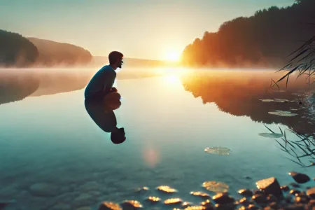 A serene scene of a person looking at their reflection in a calm, clear lake at sunrise, surrounded by nature
