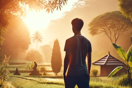 Persona practicando yoga al amanecer, en postura de saludo al sol, con el cielo teñido de colores cálidos. Escena calmada que simboliza el inicio del día con energía y equilibrio.