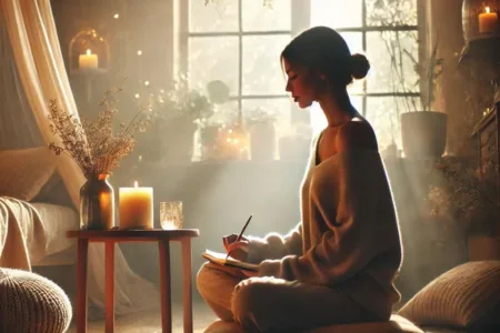 Mujer sentada en una habitación tranquila, practicando mindfulness o journaling, rodeada de luz suave. Está cruzada de piernas sobre un cojín, con una vela encendida a su lado. El ambiente es cálido y acogedor, con plantas naturales y tonos tierra. Una gran ventana detrás deja entrar la luz del sol, creando una atmósfera de paz y reflexión.